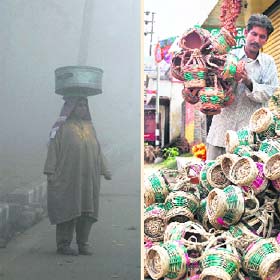 A woman waits for a bus on a cold and foggy morning in Srinagar on Wednesday.  Reuters; (Right) A man purchases kangri, a firepot, in Jammu.