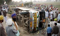 The bus that overturned near Multania village. The bus was on its way to Bathinda from Gidderbaha