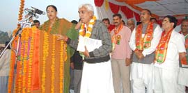 Rajasthan Chief Minister Vasundhra Raje addressing a rally in Suratgarh on Thursday. 