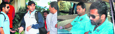Gautam Gambhir (L) and Virender Sehwag after ODI matches against England were cancelled over Mumbai terror attacks; and (right) Zaheer Khan (R) and Sachin Tendulkar leave for the airport in Bhubaneshwar on Thursday.