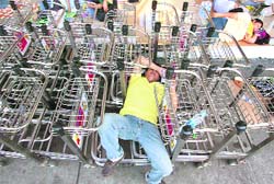 An anti-government protester sleeps on luggage trolleys in Bangkoks Don Muang airport