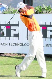 Gaganjeet Bhullar goes for a mighty swing on the penultimate day of Rs 20 lakh Haryana Open at Panchkula Golf Club