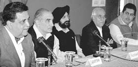 Chandigarh Beopar Mandal office-bearers at a press conference in Chandigarh