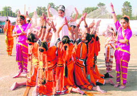 Students of Sacred Heart Senior Secondary School perform at the annual day celebrations in Ludhiana on Friday.