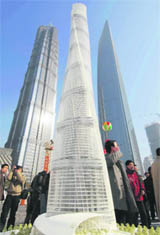 A model of the Shanghai Tower is seen during the ground-breaking ceremony at Lujiazui financial district of Shanghai on Saturday.