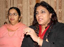 President of the Congress Punjab Womens Wing Gurkamal Kaur (right) addressing media in Bathinda on Sunday. She is flanked by Ranjit Kaur Romana, president of the local branch. 