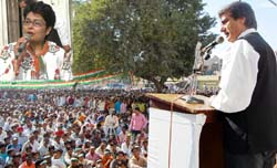 Film star-turned-parliamentarian Raj Babbar and Congress candidate Param Navdeep (inset) addressing a rally in Sangria on Sunday. 