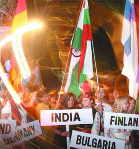 Children from various countries take part in the peace march at Jantar Mantar, organised by a city school in New Delhi