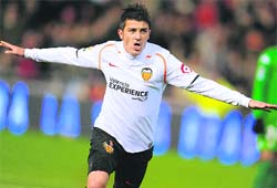 Valencias David Villa celebrates his goal during their Spanish league football match at Mestalla Stadium in Valencia, on Sunday.