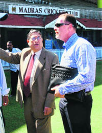 Reg Dickason, the England and Wales Cricket Board (ECB) security manager (R) listens to the BCCI secretary N. Srinivasan, during a security inspection at the M.A. Chidambaram stadium in Chennai on Wednesday.