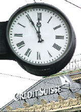 A clock is seen in front of the logo of Swiss bank Credit Suisse at the Paradeplatz square in Zurich on Thursday.