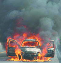 A Tata Indica car caught fire at Bhairon Marg in New Delhi on Thursday.