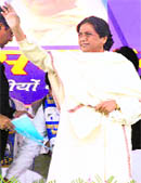 BSP chief Mayawati greets the crowd at a rally in Udhampur on Thursday.