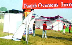A ransacked entrance of the Punjab overseas immigration, education and job fair at Guru Gobind Singh Stadium in Jalandhar