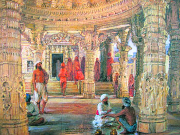 A view of the interior of a Jain temple at Mount Abu. William Carpenter, 1851; Pencil and water colour; 