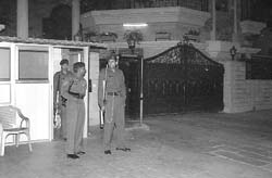 Security personnel stand guard at the house of MLA Chander Mohan in Sector 8, Panchkula