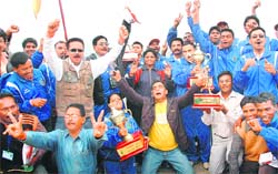 Jubilant Chhattisgarh team with the overall championship trophy at Panjab University, Chandigarh