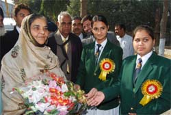 Upinderjit Kaur, education minister, Punjab, being welcomed by the students of Malwa School in Giddarbaha
