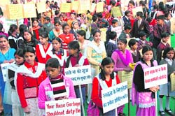 Children participate in a sanitation rally at Gandhi Park. The rally was held to mark the completion of 10 years of Dehradun Municipal Corporation. 
