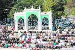 Muslims offer prayers on the occasion of Id-ul-Zuha in Dehradun on Tuesday. 
