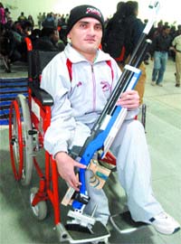 Faisal Khan with his air rifle at the PAP shooting range during the 18th all-India GV Mavlankar shooting championship in Jalandhar