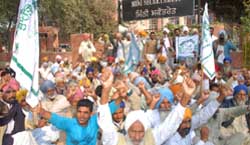 Farmers under the banner of BKU staging a dharna in support of their demands, including further cut in fuel prices, at the mini secretariat in Bathinda 
