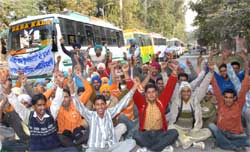 Members of the Mini-bus Operators Union staging dharna outside the mini-secretariat in Bathinda