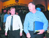 Managing director of England and Wales Cricket Board (ECB) Hugh Morris (L) and security adviser Reg Dickason at the PCA stadium, Mohali, on Wednesday.