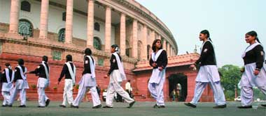 School students visit Parliament during the session in New Delhi