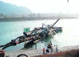 The Rs 9-crore dredger of the BBMB that sank in the balancing reservoir at Sundernagar