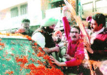 Congress workers welcome Capt Amarinder Singh in Gurdaspur on Thursday.