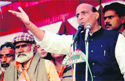 BJP president Rajnath Singh addresses an election meeting at Ghagwal (Kathua) on Thursday.