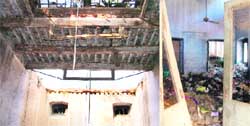 The collapsed building of Government Multi-purpose School; and (right) a portion of the building that has been reduced into a garbage dump