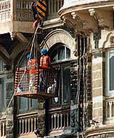 Repair work in progress at the Taj Hotel in Mumbai.