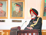 IMA Commandant Lt Gen R.S. Sujlana addresses mediapersons at Chetwood Hall on Friday.