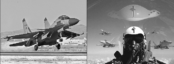 Picture (Left) shows an IAF Su 30 taking off from the Nellis air force base. An F-18 pilot with advanced technology helmet-mounted cueing system (Right).