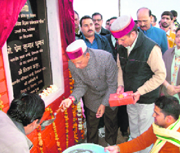 Chief Minister Prem Kumar Dhumal laying the foundation stone of a laboratory, north range, at Dharamsala on Saturday.