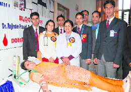 A blood donation camp being organised by INC students at Dharamsala on Friday.