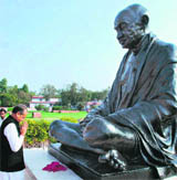 Chief Minister of Rajasthan Ashok Gehlot pays respect to Father of the Nation Mahatma Gandhi at secretariat in Jaipur on Saturday.