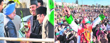 Prime Minister Manmohan Singh is welcomed by state Congress chief Saifuddin Soz on his arrival at Jammu for a rally on Sunday as former Chief Minister Ghulam Nabi Azad looks on; and (right) a party activist wears the party symbol at the rally