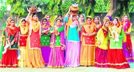 Students of Green Grove Public School perform giddha during the annual function in Mohanpur, Khanna, on Sunday. 