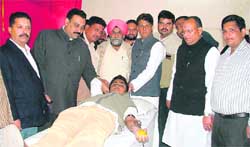 A donor donates blood at a blood donation camp in Ludhiana