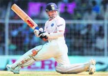 Sachin Tendulkar in action on the last day of the first Test on Monday.