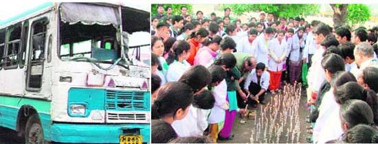 A Haryana Roadways bus which was damaged by the students of Swami Devi Dayal Institute of Engineering and Technology on NH 73 on Tuesday; and (right) students pay homage to the victims of road accident.