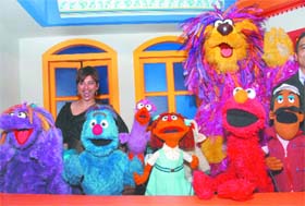 Sashwati Banerjee, former director of Sesame Workshop along with Gali Gali Sim Sim muppets Chamki, Googly, Anchoo and Boombah, during the launch of POGO Series Gali Gali Sim Sim Season 3, in New Delhi
