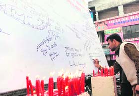 A man expresses his views on terrorism at a programme organised by the Lions Club on Vijay Diwas in Karnal