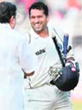 Sachin Tendulkar is greeted by the BCCI secretary N. Srinivasan after India's win in Chennai 