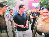 England cricket team players at Sector 17, Chandigarh, on Wednesday.