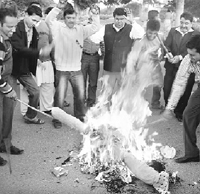 BJP workers burn an effigy of terrorism in Panchkula on Wednesday.