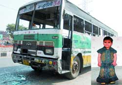 A Blueline bus hits a child, Khushi, (inset) near Mayur Vihar in New Delhi